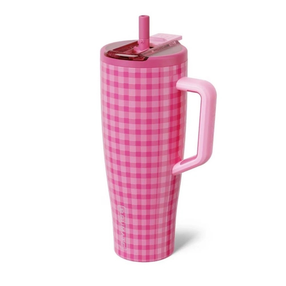 BruMate Era 40oz Tumbler Pink Gingham Insulated Travel Mug with Handle and Straw